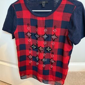 J. Crew Red and Navy Checkered Embellished Tee